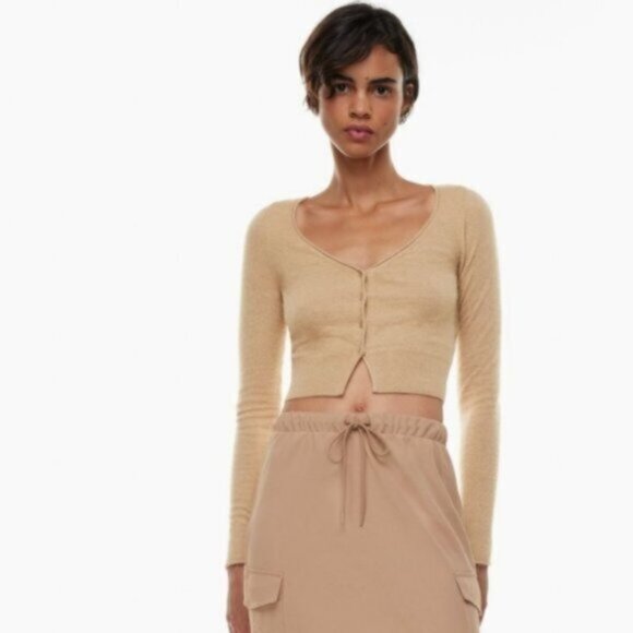 WILFRED Santorini Cardigan Sweater Wool Cashmere Knit Gold Camel XS Aritzia - Picture 2 of 14